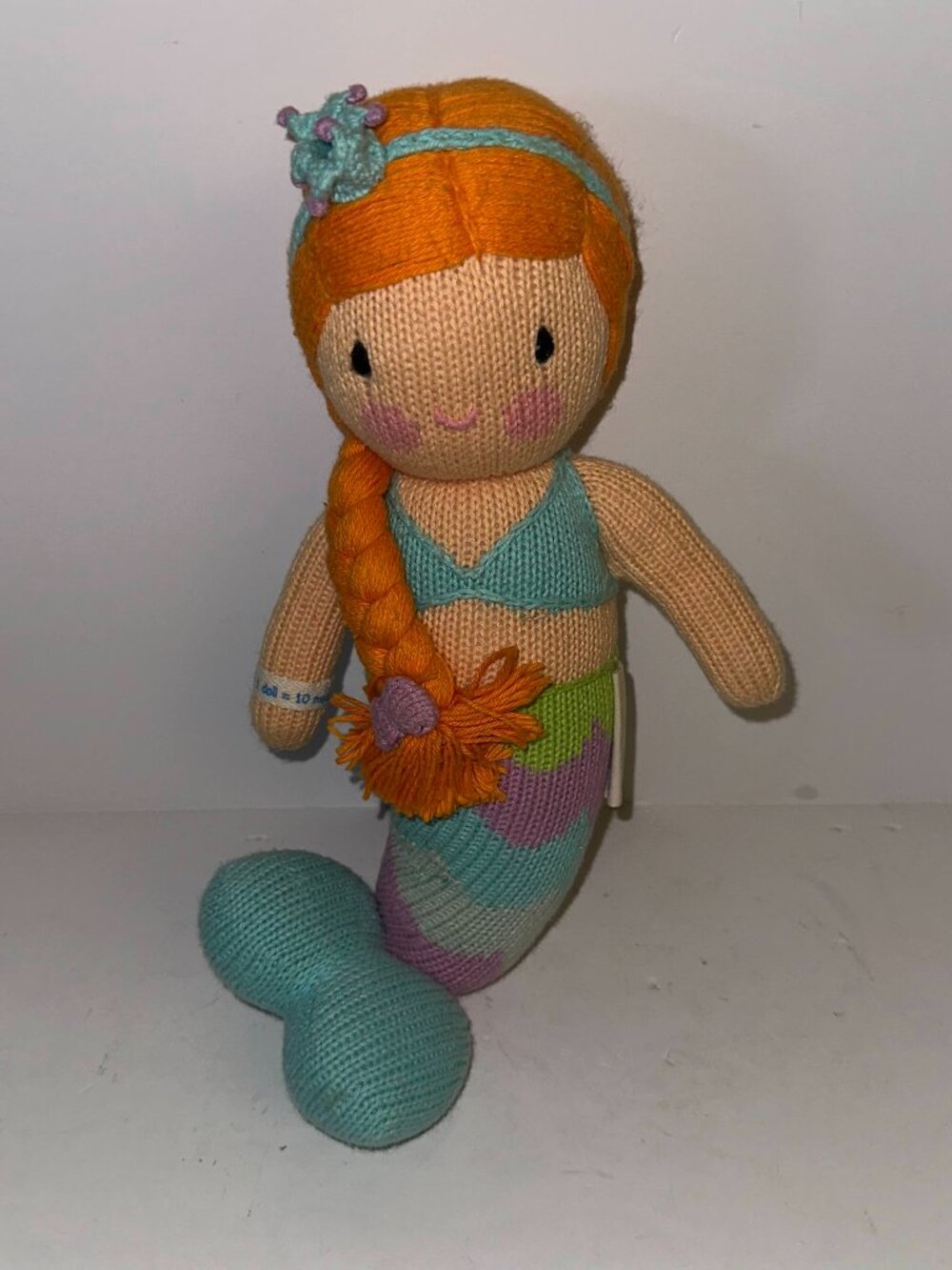 MERMAID Cuddle + Kind Knit Plush Doll Handmade In Peru Red Head Blue/Purple 13"